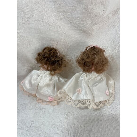 Pair of Porcelain Miniature Dolls Twins 3" Doll House Baby Ruffles Lacey Dress - Picture 4 of 5